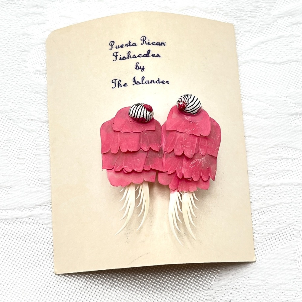 Vintage Puerto Rican Pink Birds Fish Scales Brooch Pin 60s Retro Costume Jewelry